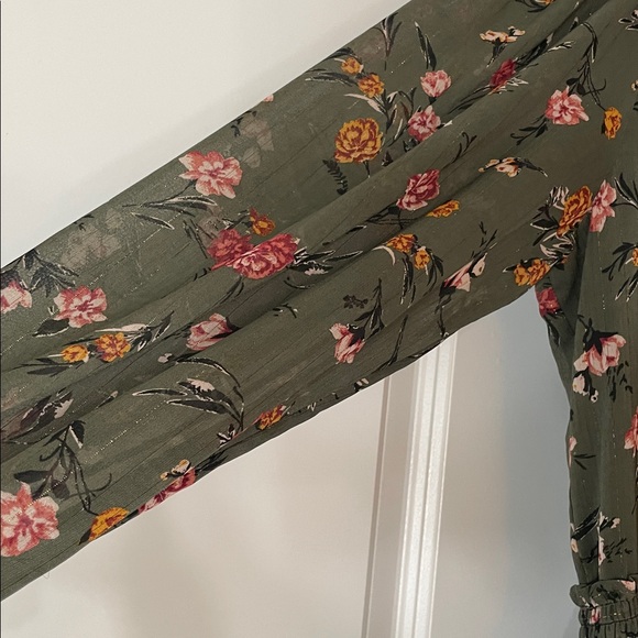 Anthropologie Drew Green Floral Chiffon Smocked High Neck Long Sleeve Dress - Picture 7 of 14